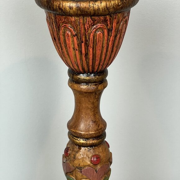 Carved Candle Holder Colorful Wood Slight Gold Tones 12” - Picture 4 of 12